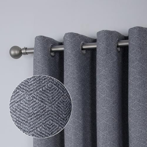 always4u 100% Blackout Curtains Grey Geo Jacquard Curtain for Living Room Thermal Modern Scandi Look Texture Window Treatments Eyelet Home Decoration 1 Pair W46*L54