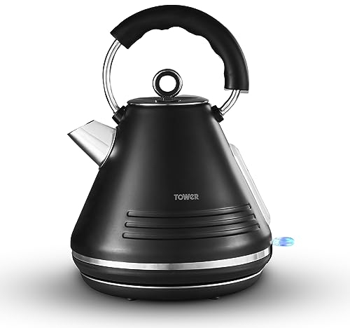 Tower T10074BLK Ash Rapid Boil Pyramid Kettle with Easy Open Lid, Removable Filter, 1.7L, 3KW, Black and Chrome