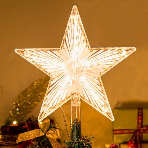 Weihnachtsbaumspitze Stern Warm Weiße Lichter Weihnachtsstern Beleuchtet Weihnachtsdeko Stern Weihnachtsstern Batteriebetriebener Christbaumspitze Star für Geburtstag