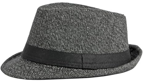 QCHOMEE Men Wool Fedora Trilby Hat Church Derby Cap Panama Hat Jazz Gentlemans Hat Classic Stripe Fedora Cap Black Grey for Men Women Wedding Party Talent Show (Deep Grey)