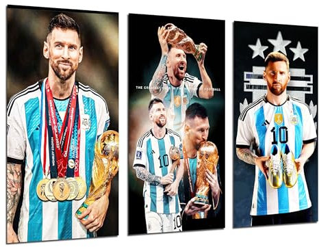 Set 3 cuadros decorativos para pared, Decoración Salón Modernos, Dormitorios, Habitación, impresión sobre madera con colgadores, Futbol, Messi, Argentina, (97 x 62 cm), ref. 27461