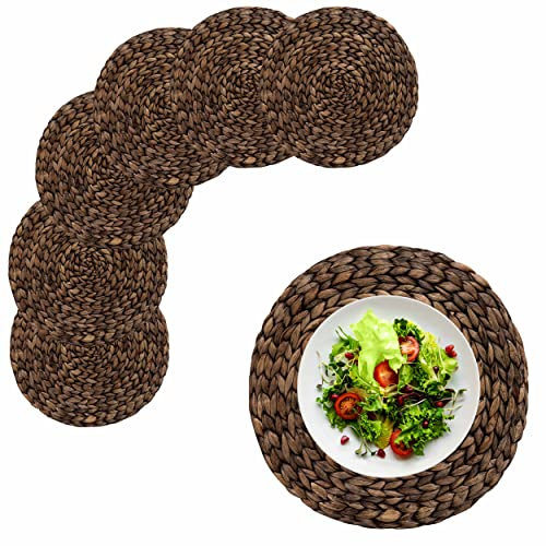 (4 Sizes: 12-13 14-15) BARIEN Rustic Woven Placemats Round Set of 6, Natural Water Hyacinth Weave Placemat for Dining Table, Large Handmade Woven Placemats Heat Resistant Non-Slip (15 - Set 6)