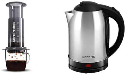 Aeropress Coffee and Espresso Maker - 1 to 3 Cups Per Pressing,Black & Geepas Electric Kettle, 1500W | Stainless Steel Cordless Kettle | Boil Dry Protection & Auto Shut Off | 1.8L Jug Kettle