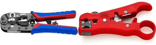 Knipex Crimpzange für RJ45-Westernstecker brüniert & Abisolierwerkzeug für Koaxialkabel und Datenkabel, 125 mm, RG 59, RG 6, RG 7, RG 11, integrierte Klinge, Abisolierer, 16 60 06 SB