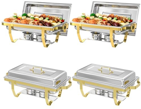 IMACONE Chafing Dish Buffet Sets of 4, 8QT Stainless Steel Rectangular Chafers and Buffet Warmer Sets for Catering, with Food & Water Pan, Lid, Gold Foldable Frame, Fuel Holder for Event Party Holiday