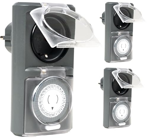 Menz Zeitschaltuhr Aussenbereich, 3 Stück, Grau | Mechanische Zeitschalter Steckdose außen, IP44 Zeitschalter analog außen, ca. 3,7 kW Outdoor Timer für Steckdose außen