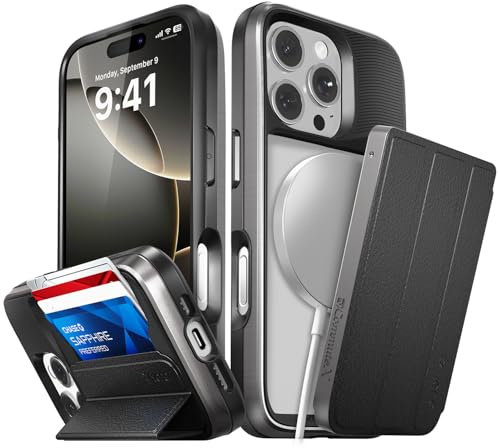 VENA vCommuteX for iPhone 16 Pro Wallet Case (MagSafe Compatible), [Military Grade Drop Protection] Detachable Leather Cover Slot Card Holder with Kickstand - Black