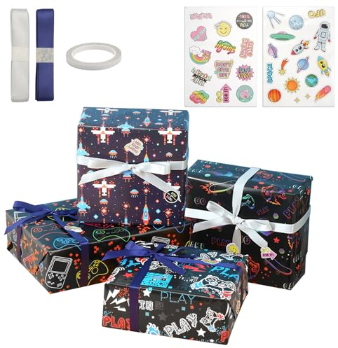 4 Hojas Papel Regalo Infantil, Papel de Regalo con Temática de Juegos