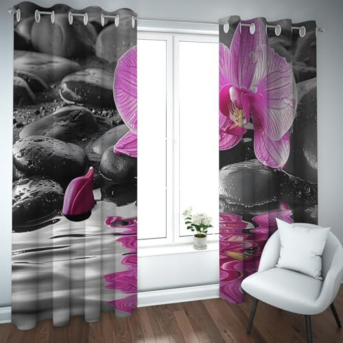 Deertweet Home Lila Orchidee Verdunkelungsvorhänge Schwarze Steine Fenstervorhänge für Wohnzimmer Schlafzimmer Badezimmer Spa Verdunkelung Sichtschutzvorhang 2 Paneele H138xB132