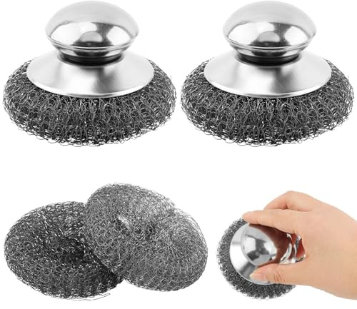 Lot de 2 brosses à récurer en laine d'acier inoxydable avec poignée, 2 tampons de rechange en laine d'acier pour nettoyer la vaisselle, bâton à récurer en métal, brosse à récurer pour cuisine,
