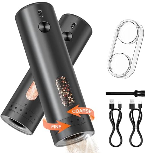 MERTTURM Uppladdningsbar elektrisk Salt- och Pepparkvarnsats, Automatisk Pepparkvarn med 110 ml Behållare [Vit LED], Extern Justerbar Grovhet, Enhandsdrift, för Kök, Middag, Presenter-2PACK