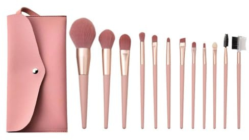 Makeupborstset 12 delar, rosa sminkborste-set, resesminkborstar set med fodral, syntetisk fiber foundation rouge concealer (rosa + sminkborstar väska)