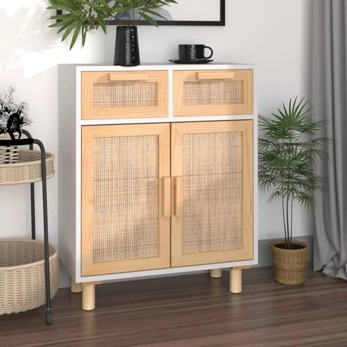 Fasba Sideboard 2 Schubladen und 2 Fächern Kommode Anrichte Schrank Mehrzweckschrank Beistellschrank Standschrank weiß 60x30x75 cm Massivholz Kiefer und Natur-Rattan/ 345636