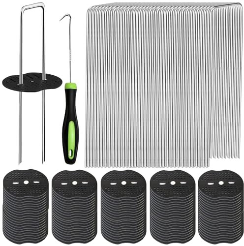 50 Piezas Anclajes de Hierro para el Suelo,Clavos en Forma de U,Grapas Cesped Artificial ø 3mm con 50 Colchonetas, 1 Gancho,para Fijar Césped, Tuberías, Tiendas de Campaña (4cm × 20cm)