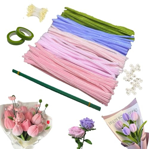 Zixrmor 400 stycken piprensare för pyssel – premium pysselset för piprensare blommor i 5 färger gör-det-själv blombuketter, piprensare för pyssel, kreativa projekt (rosa)