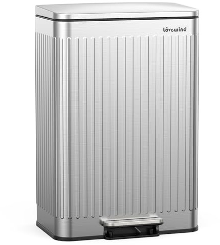 lovewind 60L Large Kitchen Trash Can, Silver Stainless Steel Step Bin with Soft-Close Lid, Inner Buckets with Handles & Bag Fixer, Roman Pattern, Odor-Proof, Easy Clean for 3-6 Person Household