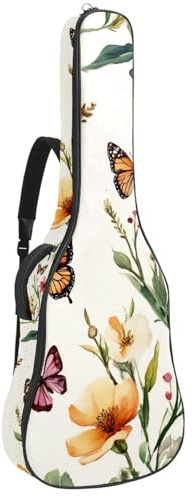 Tasche für Akustikgitarre, 1 cm dicke Polsterung, wasserdicht, Oxford-Stoff, Gitarrentasche, Rucksack für 101,6 - 106,7 cm E-Bass, klassische Gitarren, bunte Schmetterlinge auf hellgrünem Hintergrund