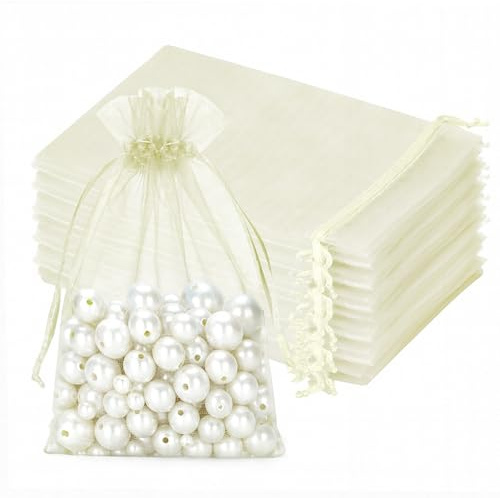 jijAcraft Beige Groß Organzasäckchen 13x18cm: Geschenksäckchen mit Zugban Transparent Schmucksäckchen 50 Stück Organza Beutel Hochzeit zum Befüllen Geschenk Bonbon