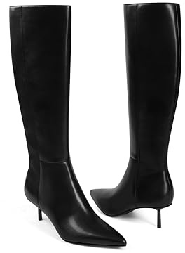 USIMAD Knee High Boots for Women Comfortable Pointed Toe Tall Boots Wide Calf Kitten Heel Stretch Boots with Side Zipper, Black, 5 UK