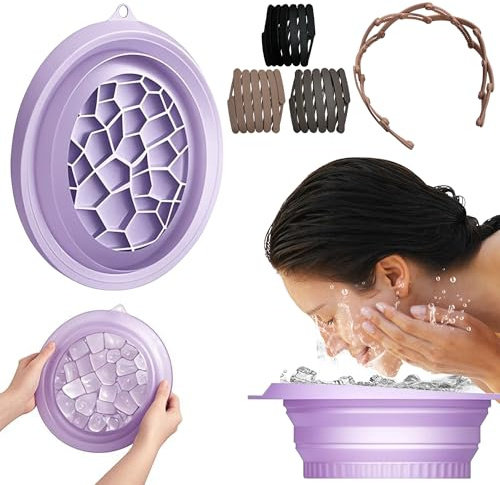 Bassin pliable en silicone pour bain de glace facial avec bac à glaçons intégré Bassin d'immersion à froid Bassin professionnel pour bain de glace Raffermit la peau, réduit les poches （Purple）
