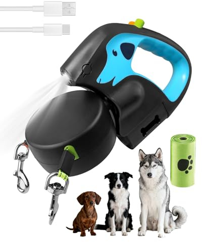 Laisse Double pour Chien Rétractable 3 m, Rotation 360°, Promenade Facile pour 2 Chiens de Petite et Moyenne Taille, Poignée Antidérapante, Anti-Nœuds, LED et Distributeur de Sacs à Déchets
