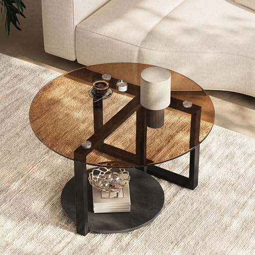 Artloge Table Basse Ronde en Verre 2 Niveaux pour Salon Chambre, Cadre en Fer, Plateau Vintage en Verre Trempé et Pierre, 80D x 80W x 46.5H cm