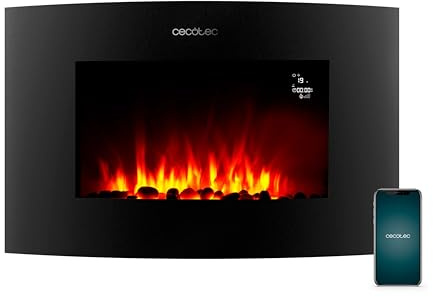 Cecotec Chimenea Eléctrica Decorativa 35” con Mando y Wifi ReadyWarm 3560 Curved Flames Connected. Máxima Potencia 2000W, 2 Intensidades, Panel Curvo de Cristal Templado, Llama Ajustable, Temporizador