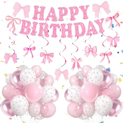 Set Fiesta Cumpleaños Feliz Rosa Blanco - 30 Globos Látex con Lazos + Guirnalda Feliz Cumpleaños Rosa con Lazos Decoración Cumpleaños, para Baby Shower, Boda, Decoración Niñas