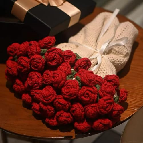 Gonoce Flower Bouquet Blanket, 43inch Crochet Blanket with Rose Flowers, Valentines Day Gifts, Birthday Gifts for Women, (Red)