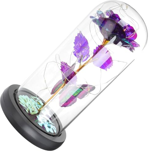 WEKADRIN Rose Éternelle sous Cloche en Verre avec Ornement Doré et Lumière Chaude Décor Artisanal Violet Présent Fête des Mères Décoration de Fleur Préservée pour Anniversaire et