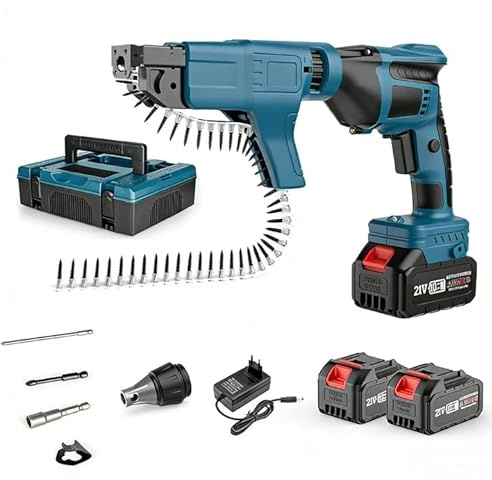 Akku-Trockenbauschrauber, Magazinschrauber mit Automatischer Zuführung, 1500 mah Akku*2, Bürstenloser Motor, LED Arbeitsleuchte und Tiefeneinstellung