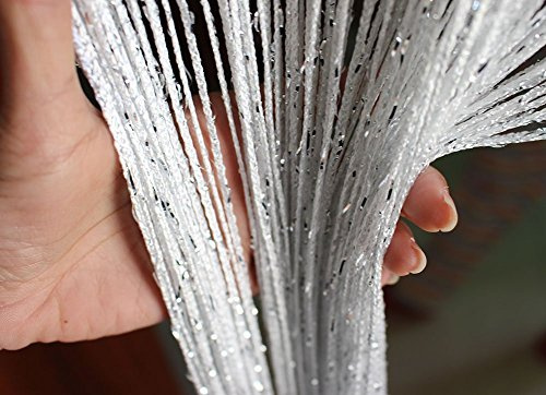 Eyotool 1x2 M Door String Curtain Rare Flat Silver Ribbon Thread Fringe Window Panel Room Divider Cute Strip Tassel for Wedding Coffee House Restaurant Parts, White