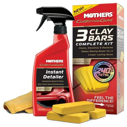 Mothers California Gold 3 Clay Bar Complete Kit, 3 80-gram Clay Bars + 16 oz. Instant Detailer + Microfiber Towel — Removes Contaminants, Restores Brilliance & Smoothness of Paint (07240)