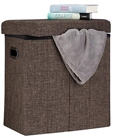 Relaxdays Faltbarer Sitzhocker, HxBxT: 49,5 x 46 x 25,5 cm, mit Stauraum, Griffe, Leinen, Polyester, MDF, braun