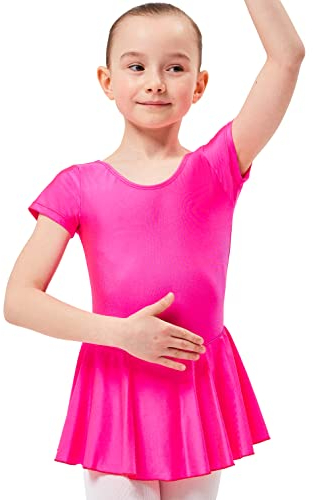 tanzmuster Kinder Kurzarm Ballett Trikot Marina mit Röckchen aus glänzendem Material in pink, Größe:92/98