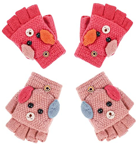 ADAKEL 2 Pairs Children's Kids Half Finger Gloves Kids Warm Winter Gloves Fingerless Knitted Warm Winter Gloves for Boy Girl,4-9Y(M pink and light pink)