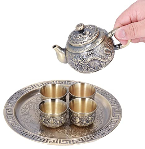 Hapivida Juego de Té, Elegante Juego de Té de Metal con Patrón de Dragón, 4 Tazas y Tetera, Aleación de Zinc, Decoración de Mesa para Amantes del Té
