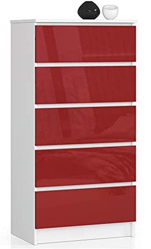 AKORD Kommode K60 mit 5 Schubladen | für das Wohnzimmer Schlafzimmer Schrank Büro Arbeitszimmer | Modernes Funktionales Design | B60 x H121 x T40 cm, Gewicht 39kg | Weiß/Rot Glänzend
