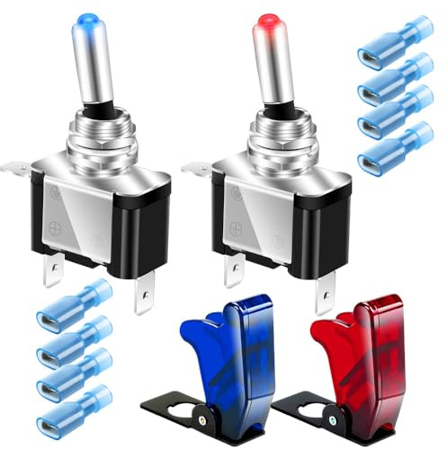Guuzi 2pcs Interruptores de Palanca con Cubierta de Luces LED,Interruptor Basculante de Cubierta Iluminada con LED Azul+Rojo,3 pines SPST(20A 12V-24V CC) con 2pcs Cubiertas Impermeables