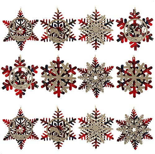com-four® 12x Tannenbaumschmuck Holz-Anhänger Set, Weihnachtsbaumschmuck | Christbaumschmuck im Schneeflockendesign