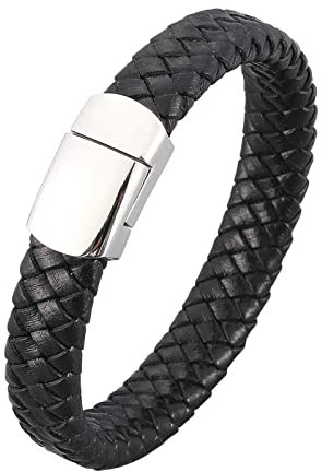 Ayoiow Männer Armband Indianer, Herren Armbänder Edelstahl Herren Armband Leder Schwarz Schwarz Flechtarmband mit Silber Schnalle