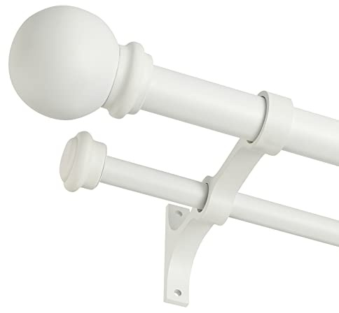 Double Curtain Rod 28 to 48 inch, Adjustable 1 inch Double Drapery Rod Rods for Windows and Doors with Ball Round Finials and Premium Aluminum Brackets Set(28-48,Matte White)
