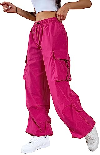 SHENHE Women's Baggy Loose Cargo Pants Drawstring Waist Joggers Long Trousers Hot Pink M