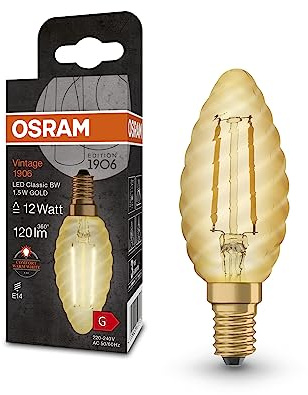 Osram Vintage 1906 Classic BW FIL LED-Lampe, E14, Kerze twisted, gold, 1,5W, 120lm, 2400K, warmweiße Komfortlichtfarbe, sehr geringer Energieverbrauch, lange Lebensdauer