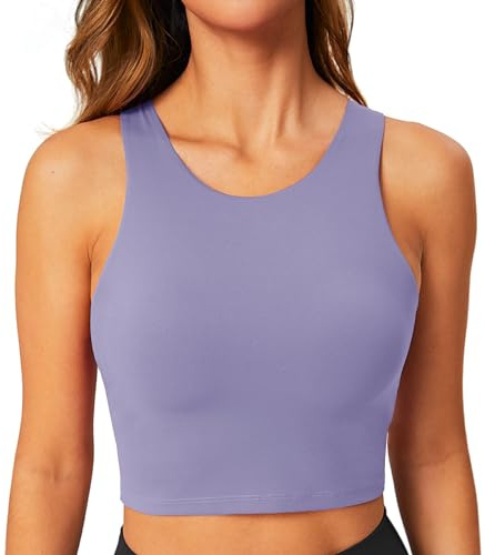 BAYDI Sportbehå för kvinnor utan bygel, bustier, högstängd, crop top, racerback, linne, avtagbar stoppning, yoga-bh, Lila rök, XL