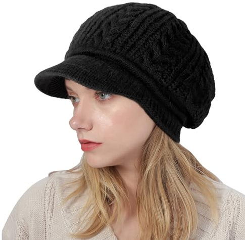 Hebenie Beanie Hats for Women - Winter Warm Knitted Beanie Cap 2028 Ladies Fleece Lined Beret Hat Thermal Wooly Hats Crochet Peaked Baker Boy Hat for Women Girls UK Black