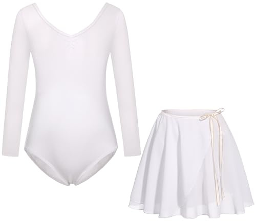 FONLAM Ballettkleid Ballettkleidung Mädchen Langarm Tanzkleid Turnanzug Balletttrikot Tanzbody Baumwolle Ballettrock Kinder