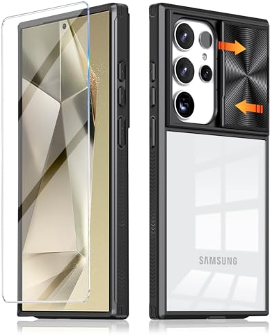Handyhülle für Samsung Galaxy S24 Ultra Hülle mit Schutzfolie, Kameraschutz Schutzhülle S24 Ultra Dünn Transparent Clear Hard Stoßfest Bumper Full Case für Samsung S24 Ultra 5G Panzerhülle (Schwarz)