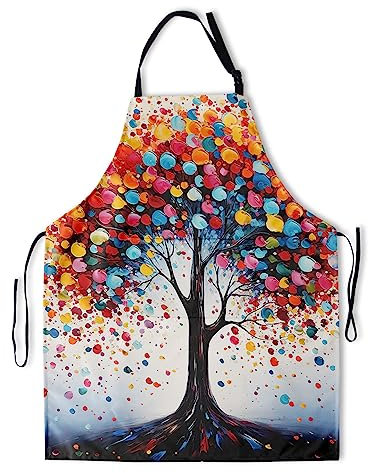 PIUS Bunte Schürze mit 2 Taschen, Malschürzen für Erwachsene, Kunst, Lätzchen, Schürzen, Kochen, Grillen, Backen, Grillschürze, Farbige Baumzeichnung, One size