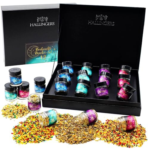 Hallingers Genuss Manufaktur Räucherwerk Rauhnachtsgeschenk-Set - 12x Premium-Qualität Incense mit Harz zum Räuchern in edler Geschenk-Box Rauhnächte-Set, für die Rauhnächte für Spirituelle